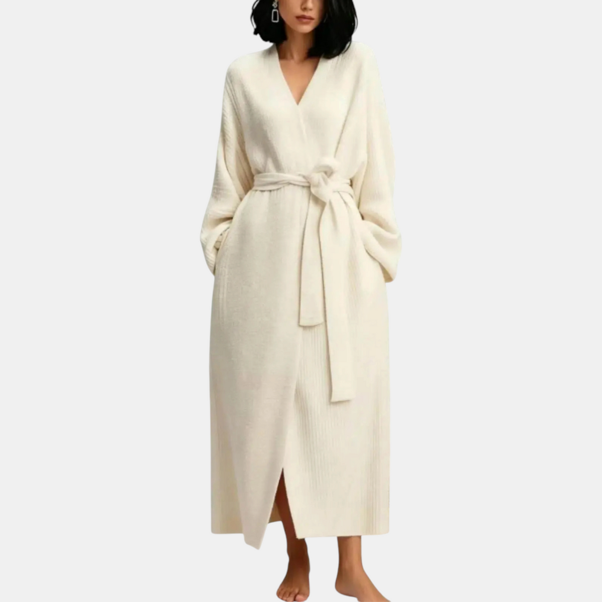 Women's Ribbed Knit Wrap Robe with Self Tie Belt Maxi
