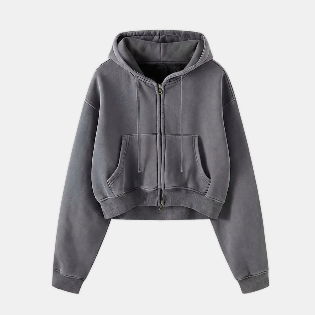 Women's Acid Wash Cropped Zip Up Hoodie Fleece Sweatshirt