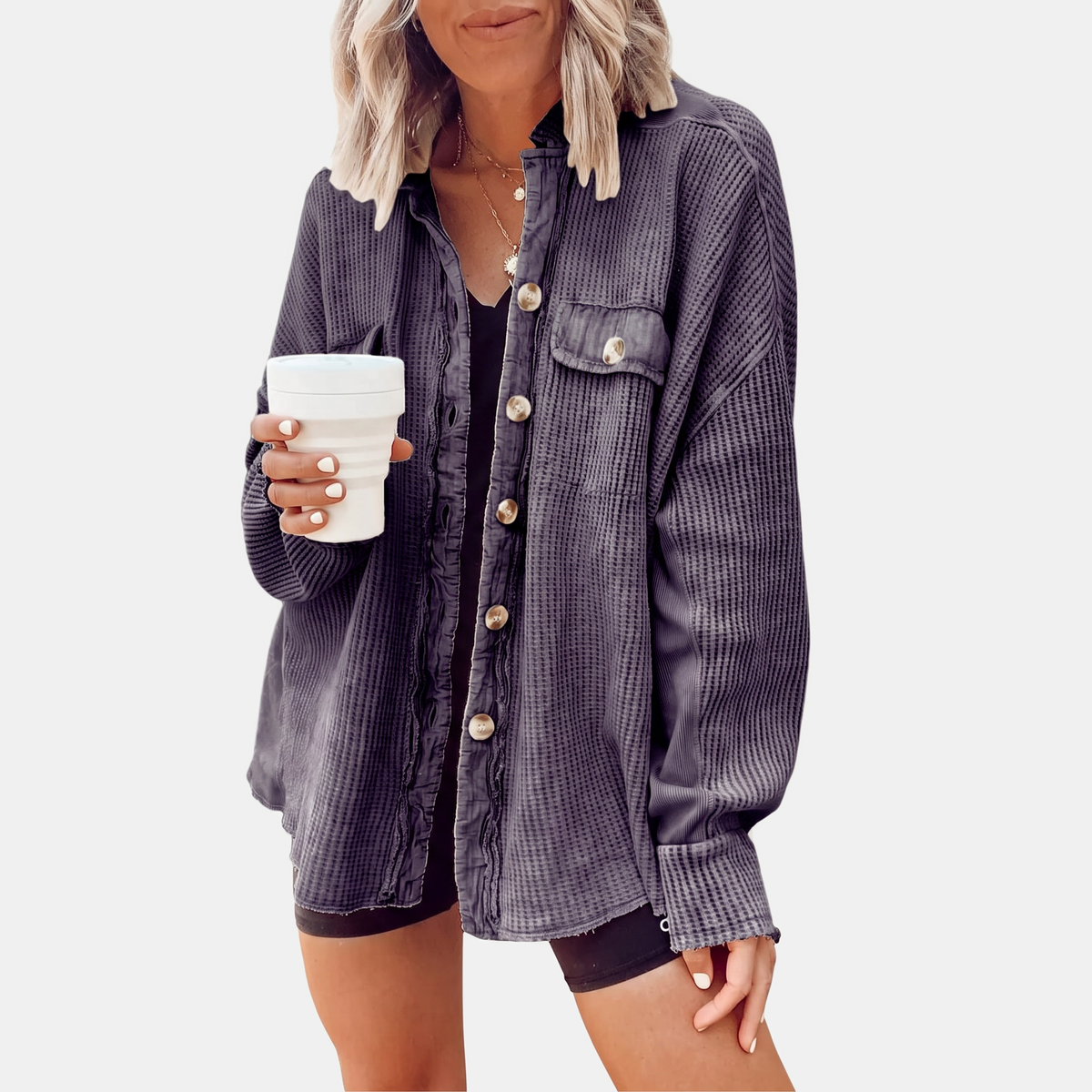 Women's Waffle Knit Raw Hem Button Front Oversized Shacket