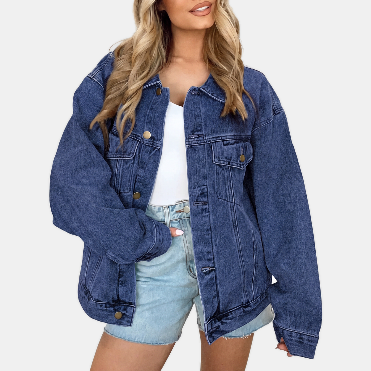 Women's Oversized Acid Wash Denim Jacket with Snap Buttons