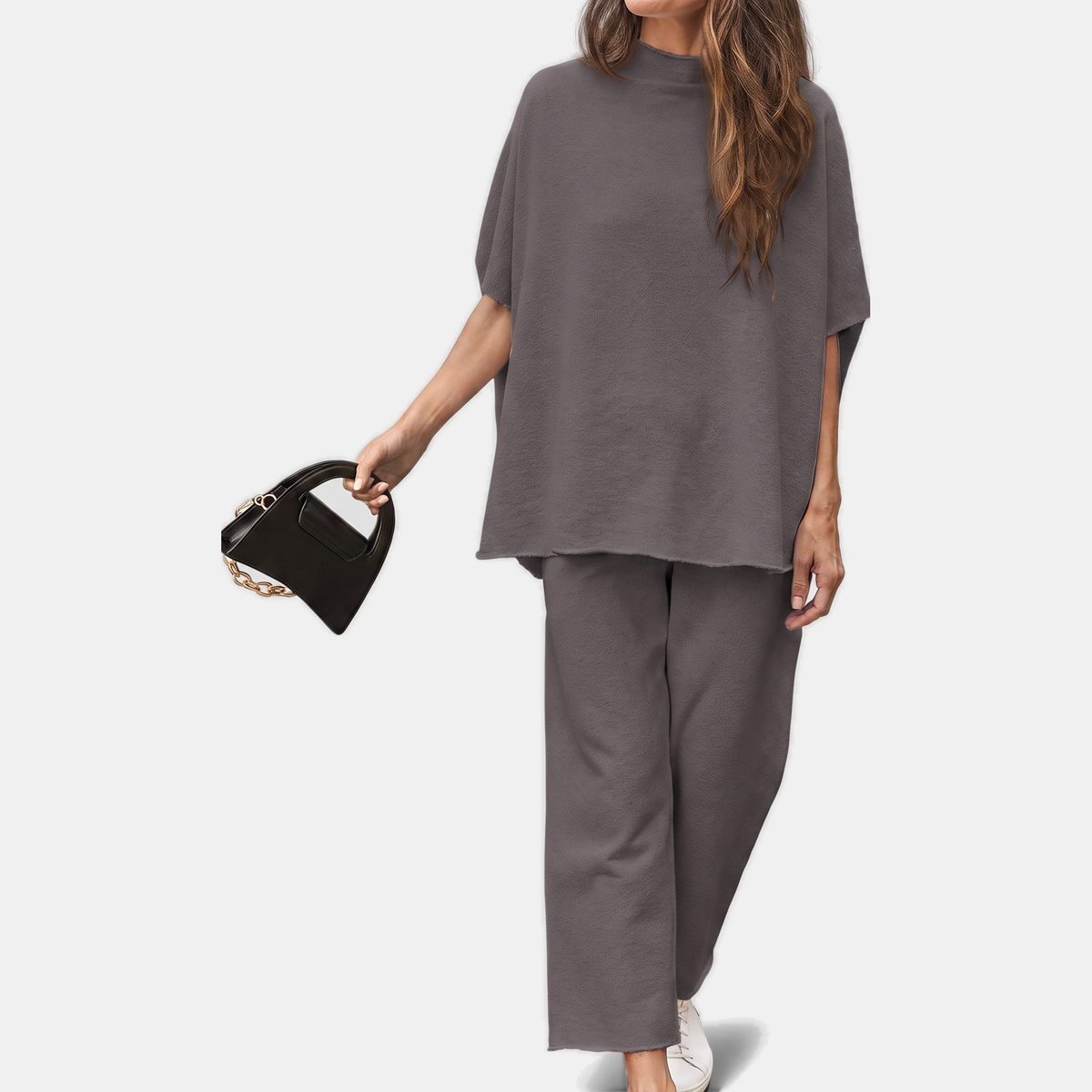 Women's Mock Neck Lounge Set Wide Leg Cropped Pants