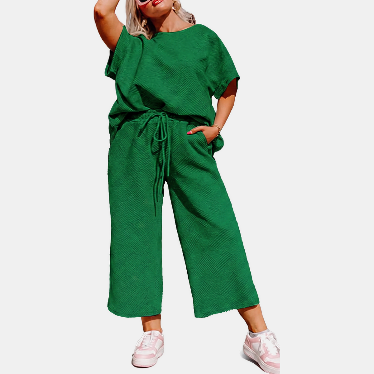 Women's Textured Drawstring Wide Leg Lounge Set
