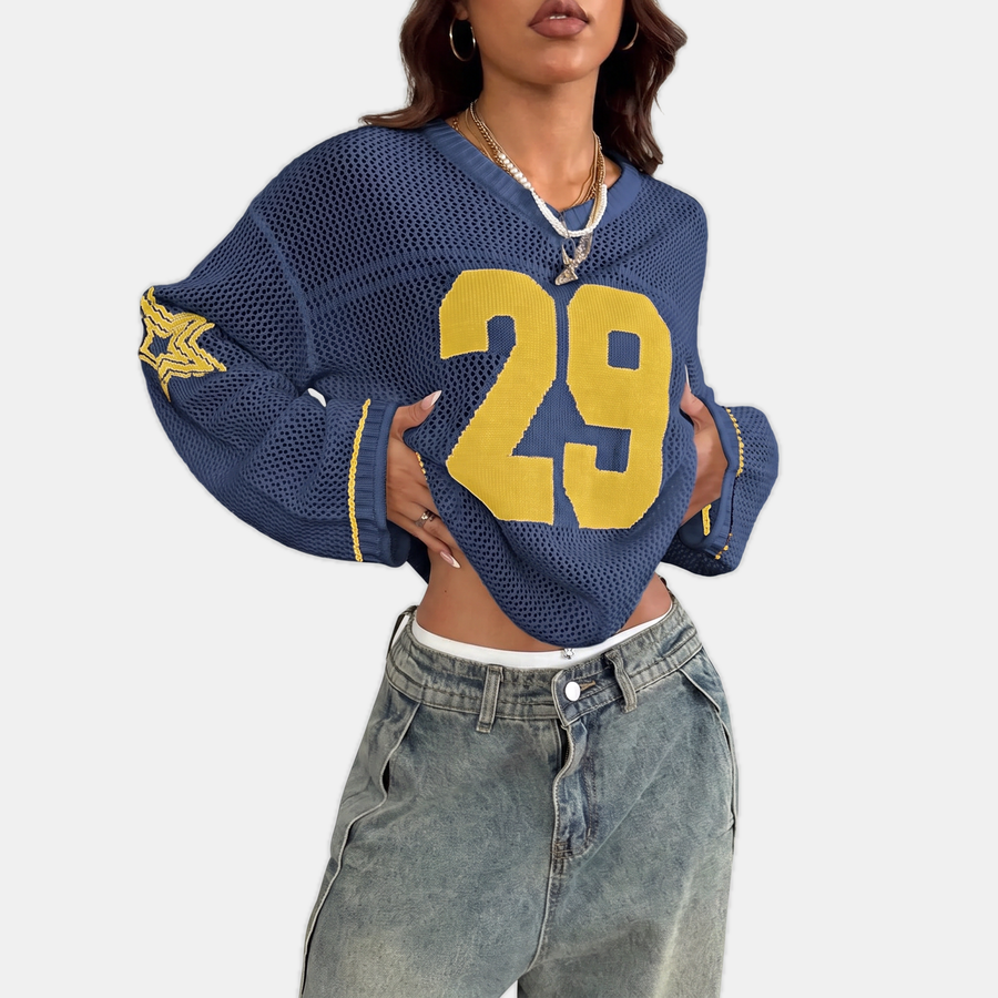 Women's Oversized Open Knit Number Graphic Crop Sweater