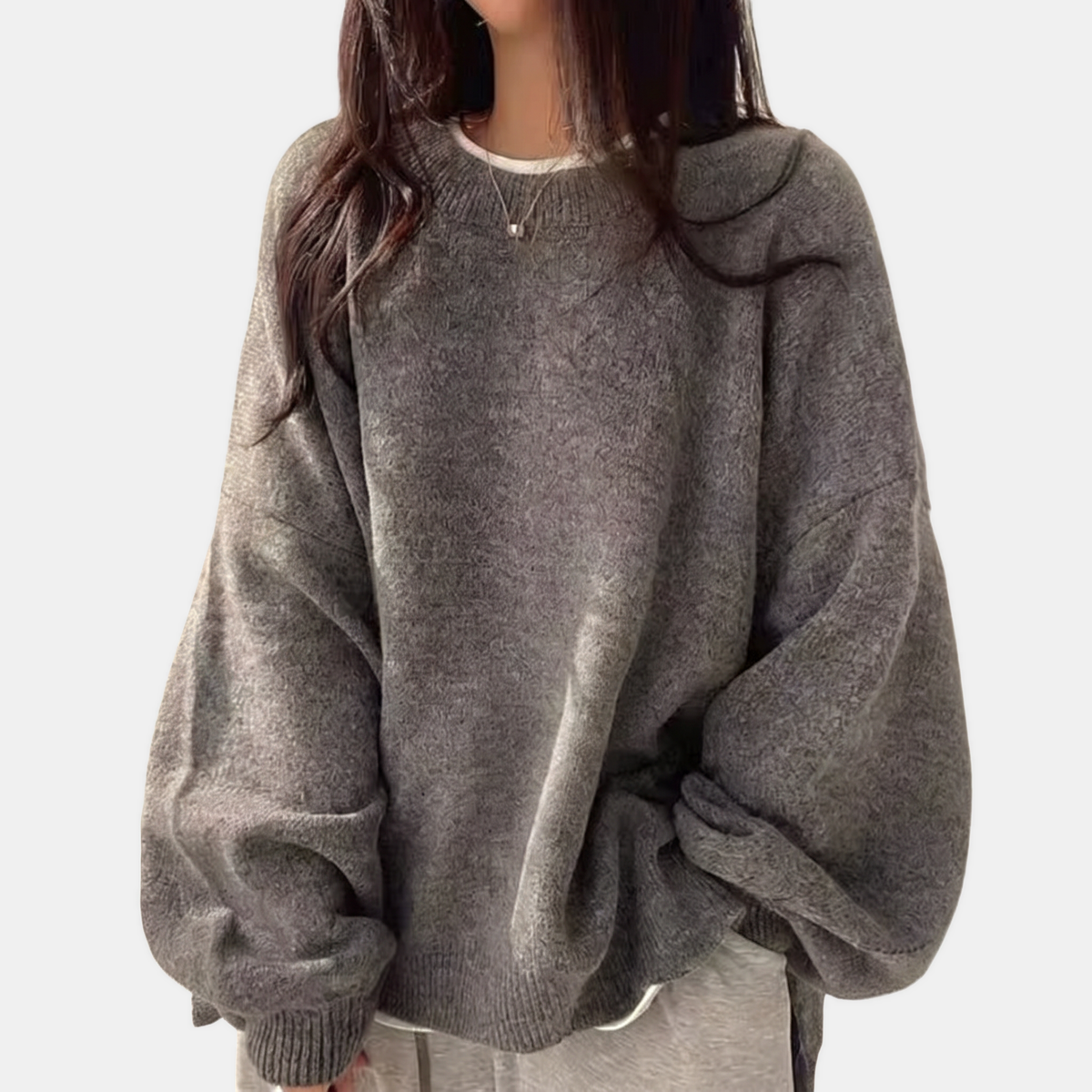 Women's Oversized Side Slit Ribbed Crew Neck Knit Sweater