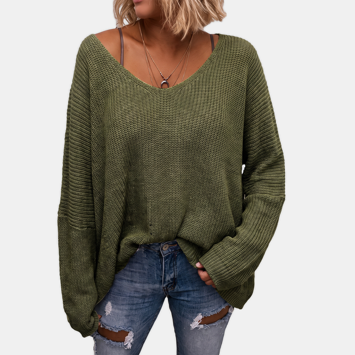Women's Oversized V-Neck Batwing Sleeve Chunky Ribbed Knit Sweater