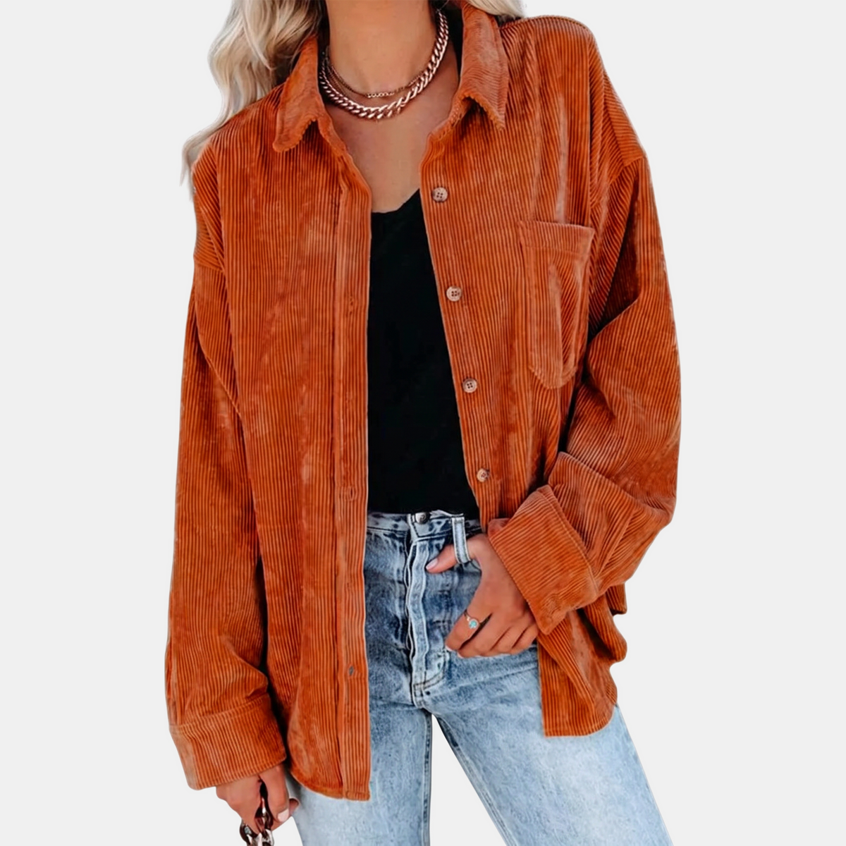 Women's Corduroy Button Front Oversized Long Sleeve Shacket