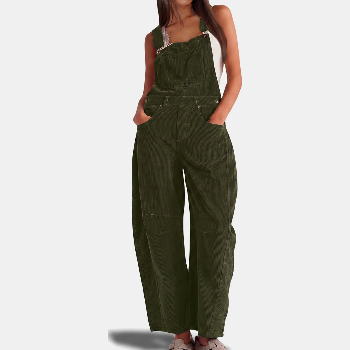 Women's Corduroy Wide Leg Bib Overalls with Buckle Straps
