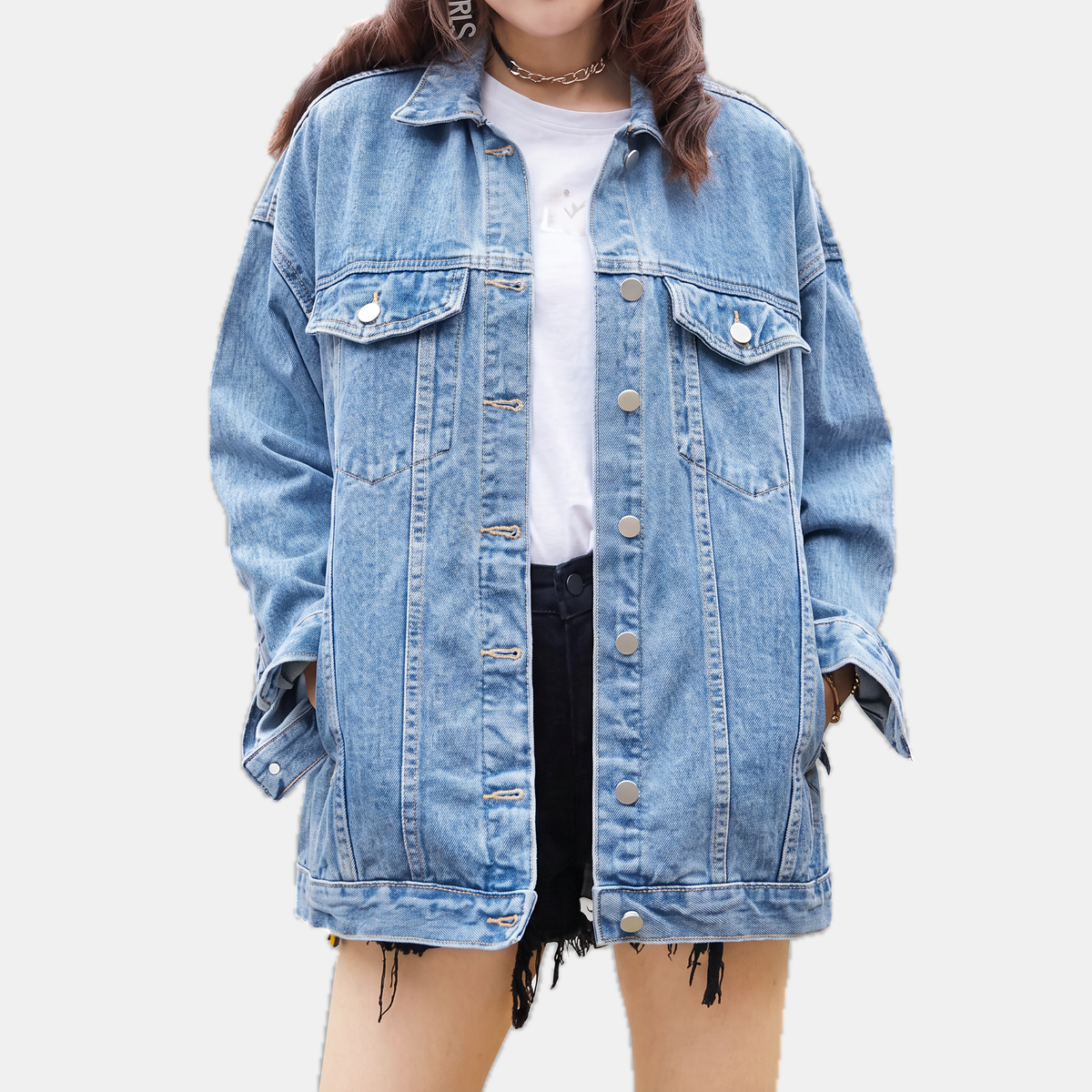 Women's Oversized Longline Denim Jacket with Snap Button Pockets