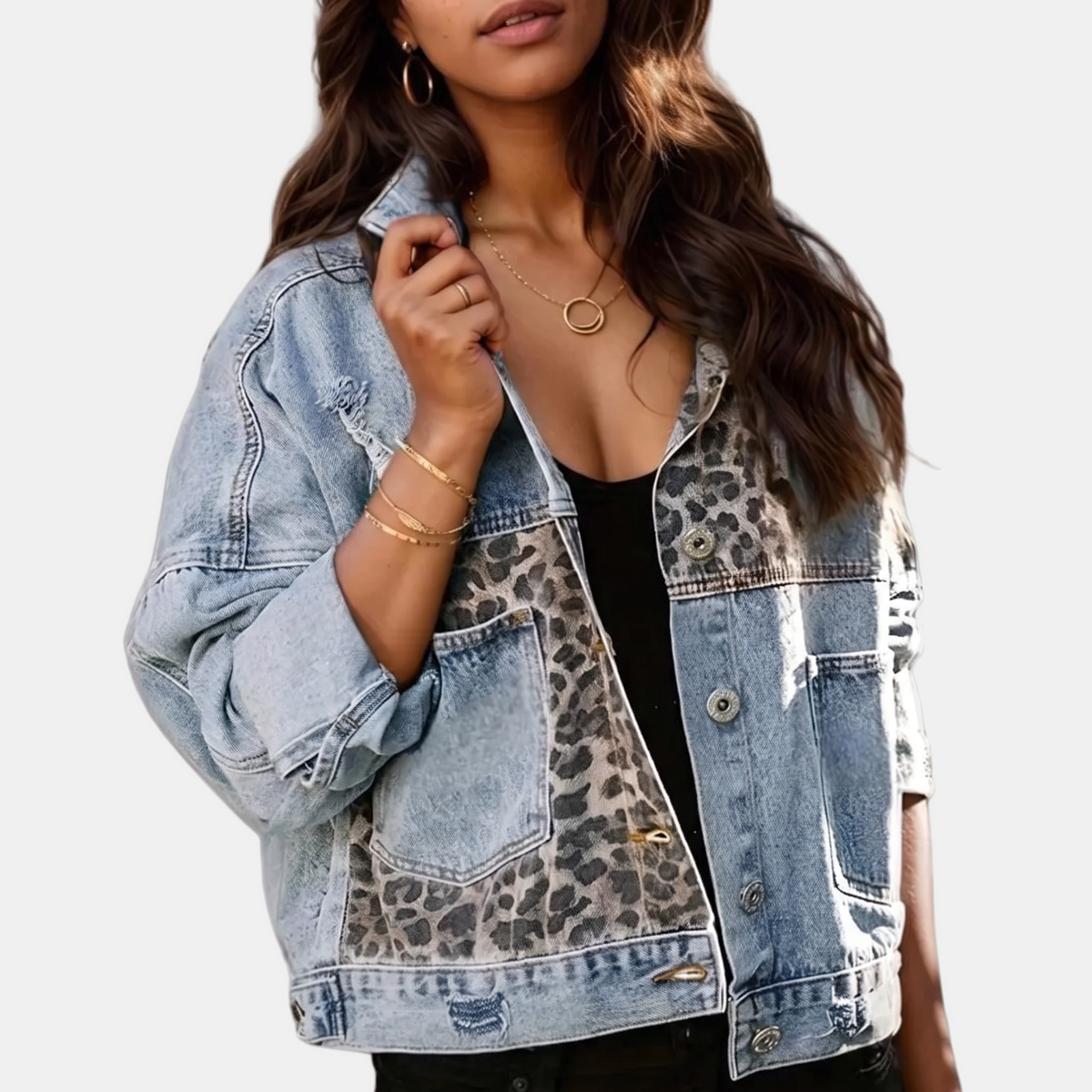 Women's Patchwork Button Front Denim Jacket with Distressed Hem