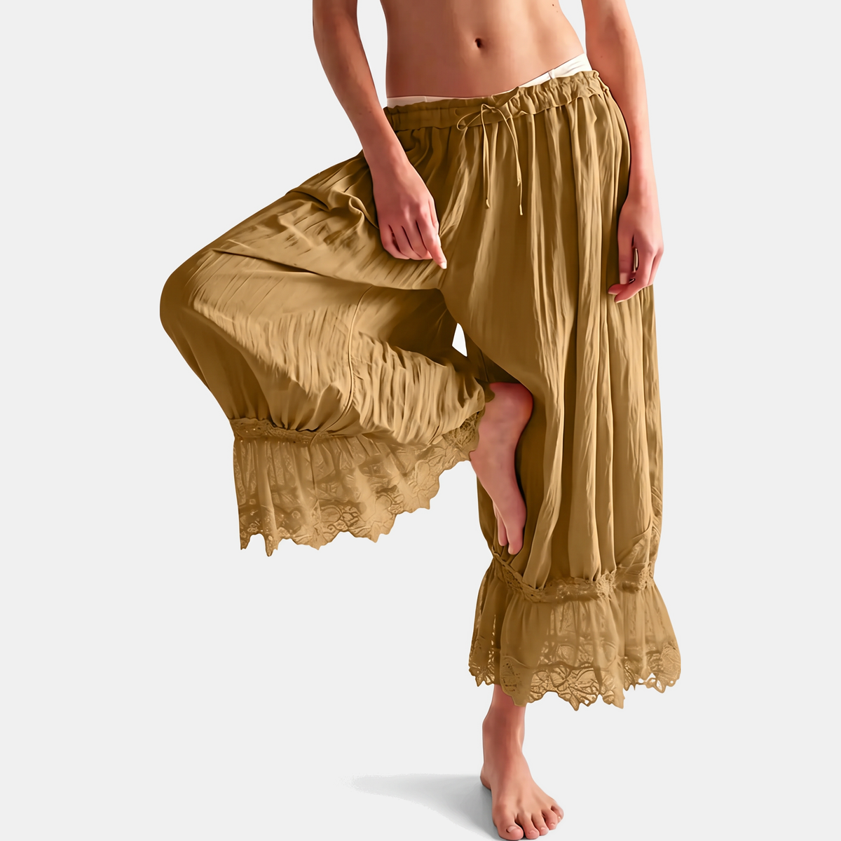 Women's Wide Leg Lace Trim Ruffle Hem Palazzo Pants