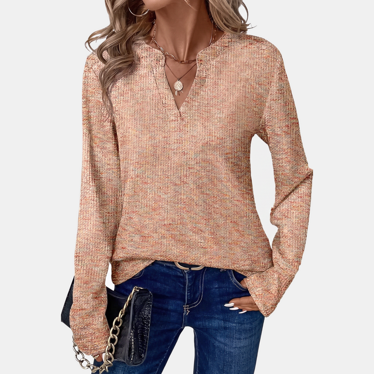 Women's Shimmer Ribbed Knit Notch V-Neck Sweater Top