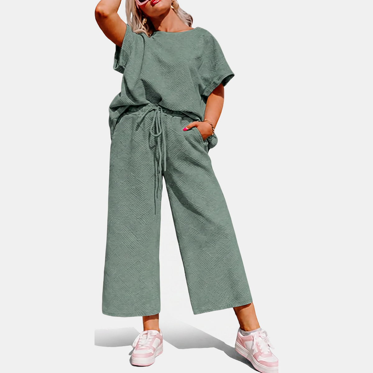 Women's Textured Drawstring Wide Leg Lounge Set