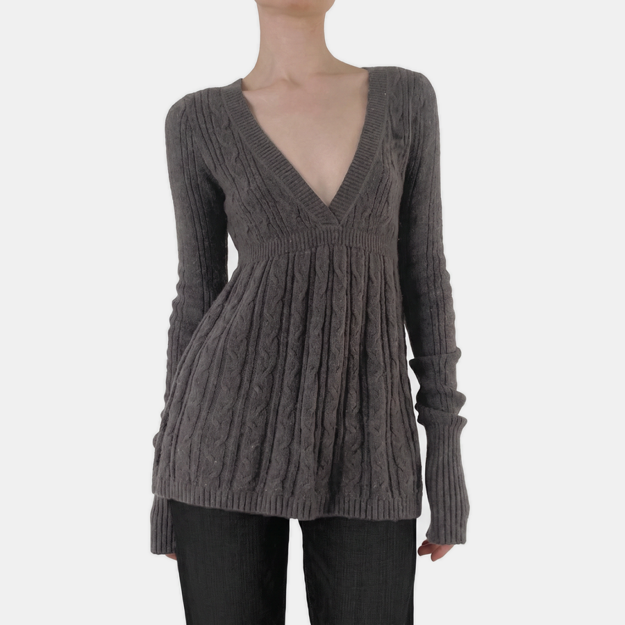 Women's Cable Knit Sweater Empire Waist A Line Flared Midi
