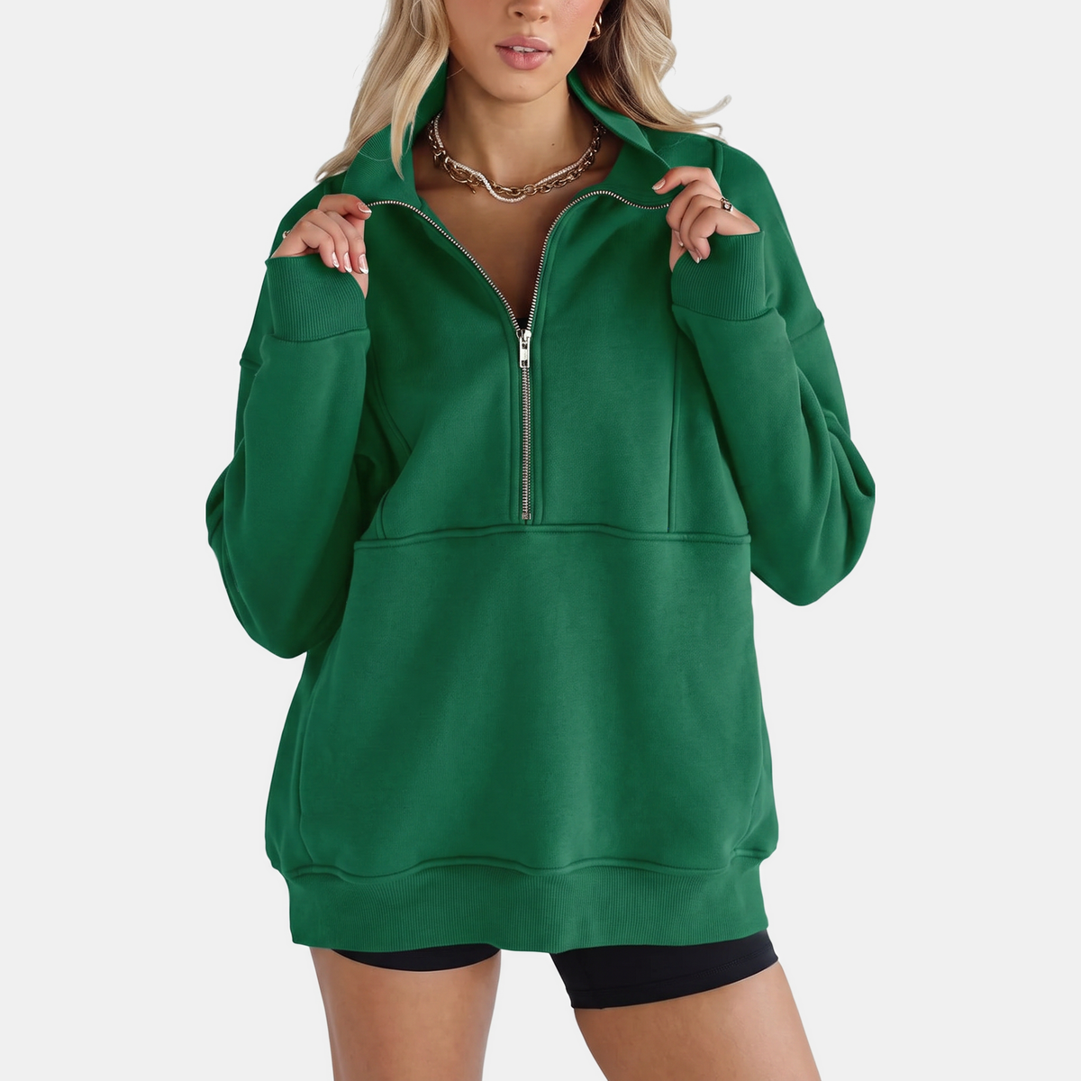 Women's Oversized Half Zip Fleece Sweatshirt with Ribbed Elbow Panels