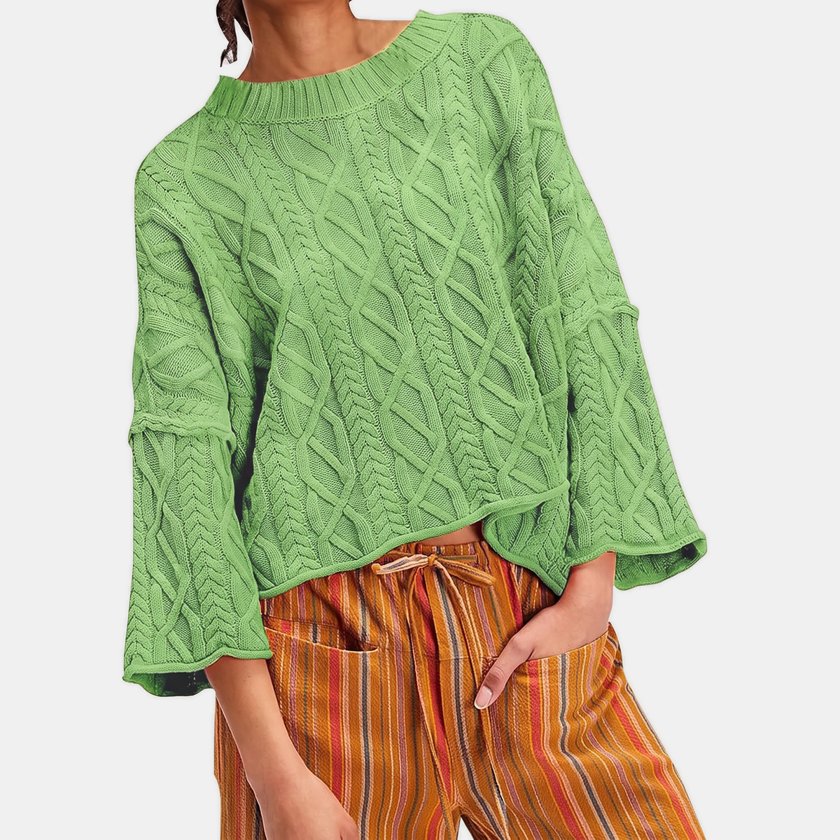Women's Cable Knit Cropped Sweater Bell Sleeve Pullover