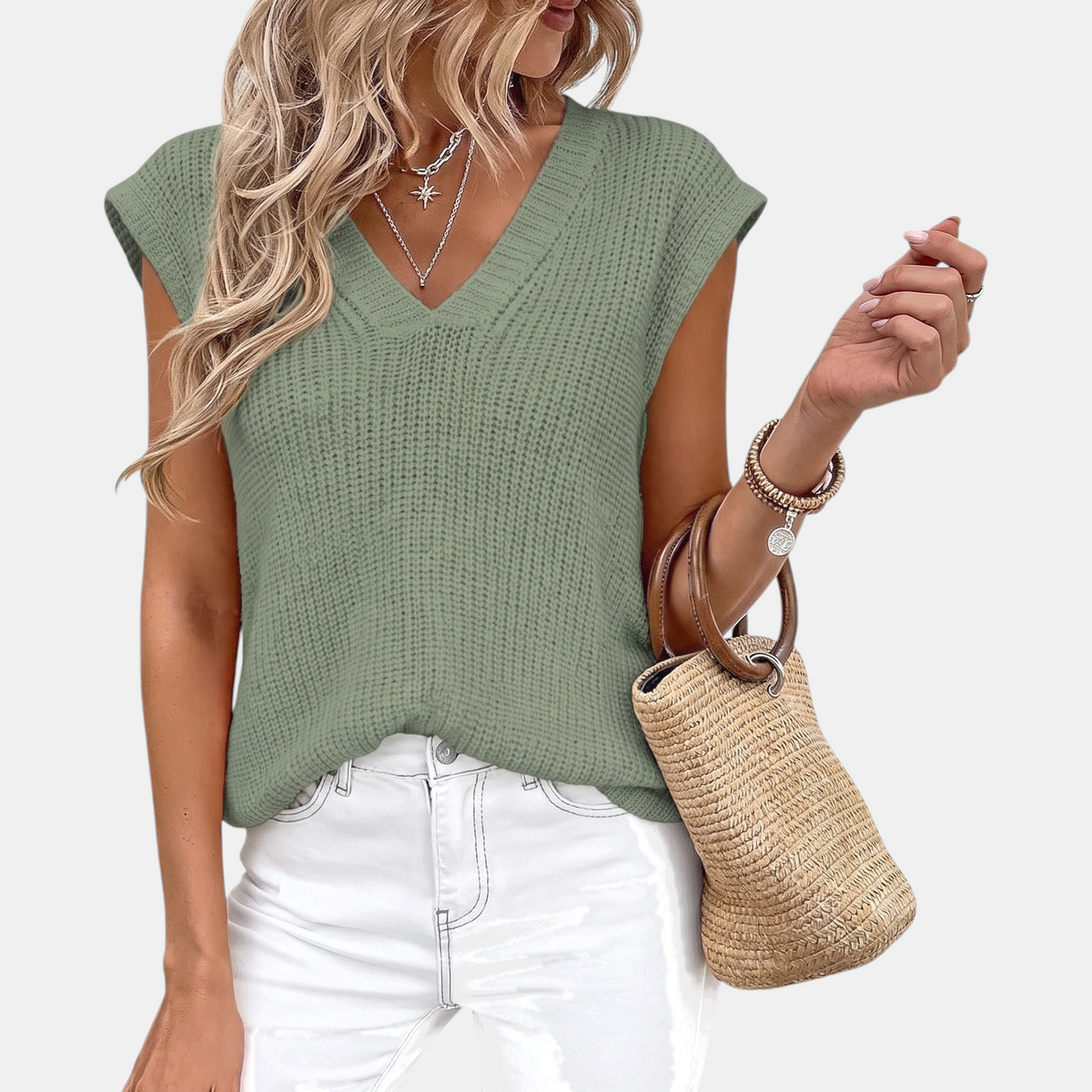 Women's Sweater Vest Chunky Ribbed Knit V-Neck Sleeveless Top