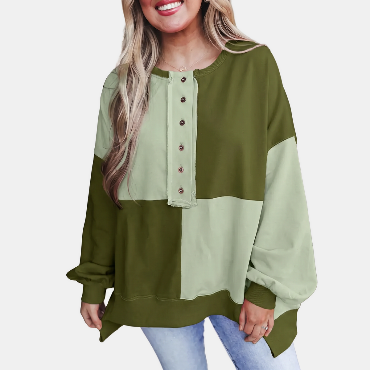 Women's Oversized Colour Block Button Placket Crewneck Sweatshirt
