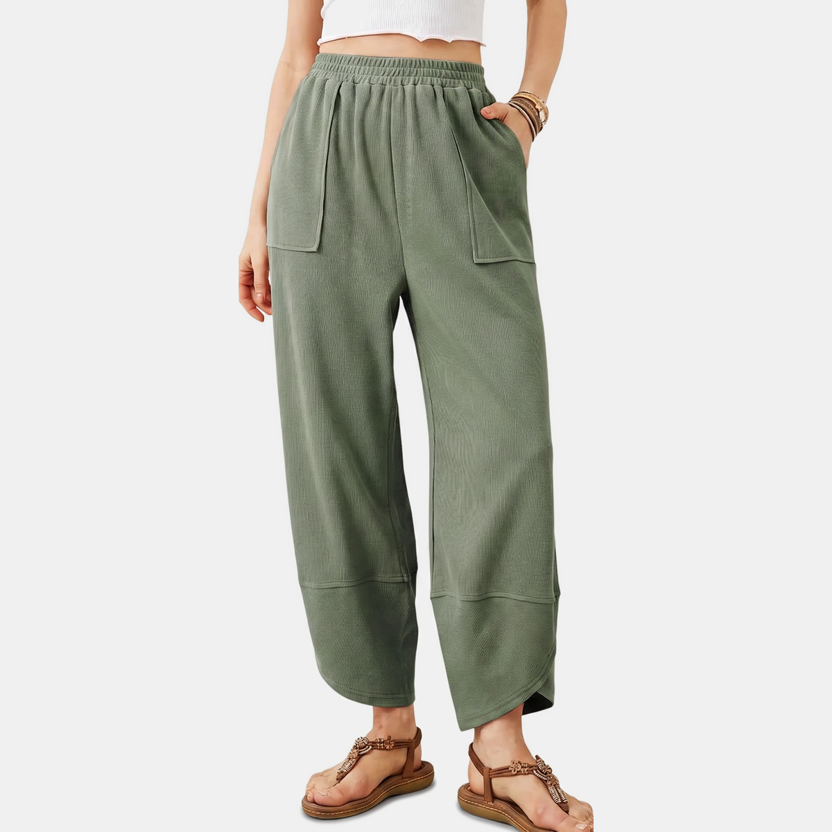 Women's Wide Leg Ribbed Knit Cropped Trousers with Patch Pockets