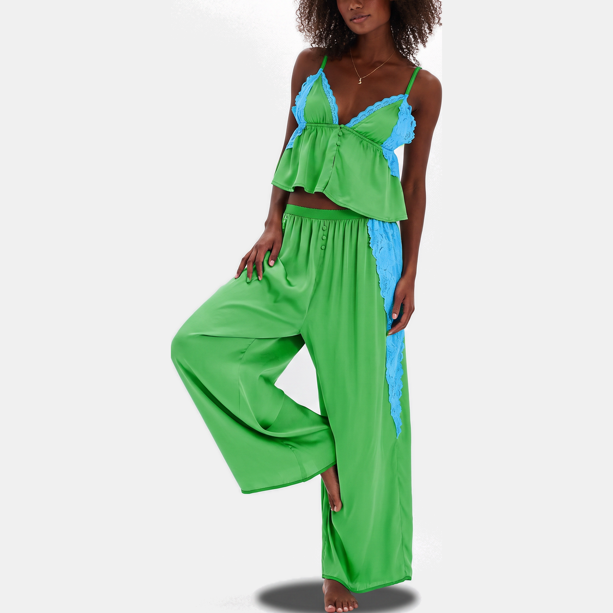 Women's Satin Lace Trim Pajama Set Wide Leg Trousers