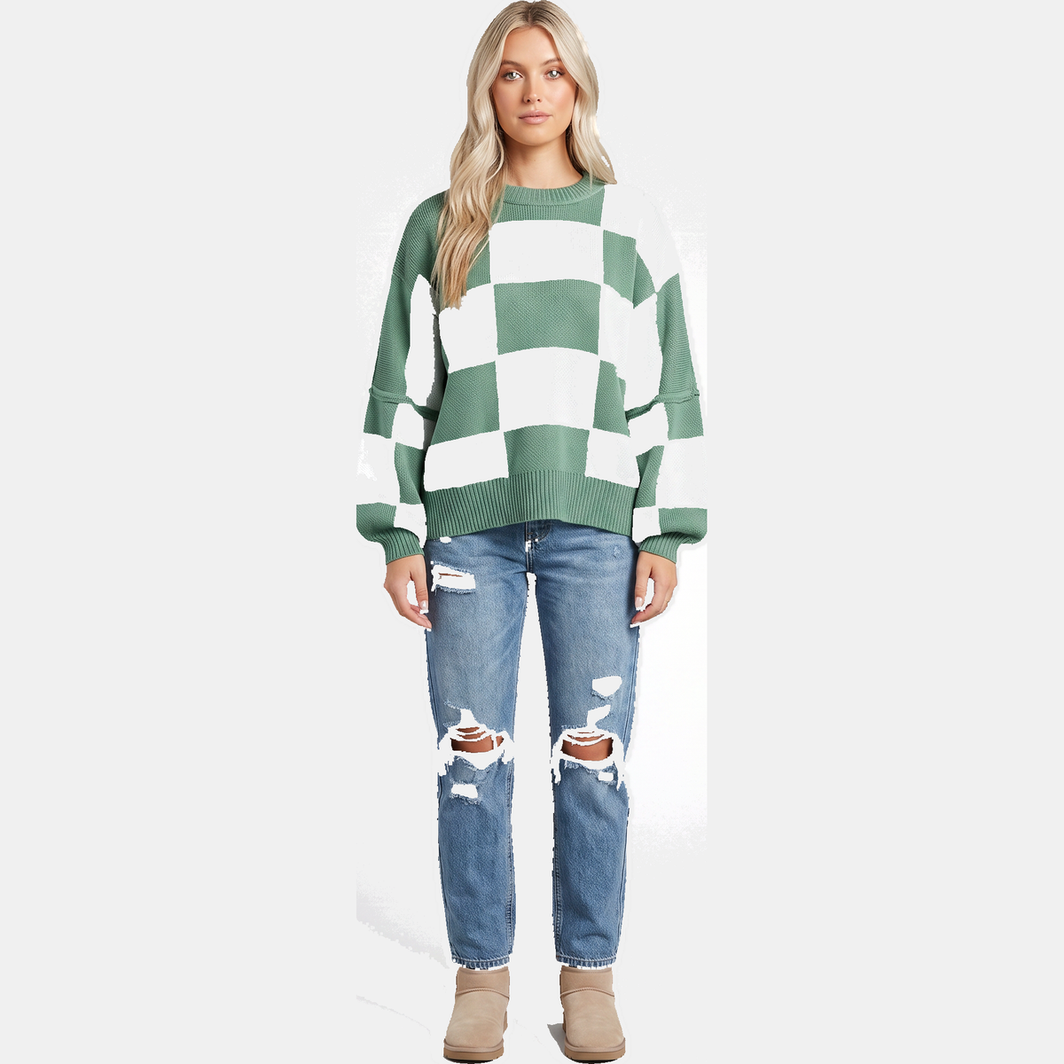 Women's Oversized Balloon Sleeve Checkered Knit Sweater