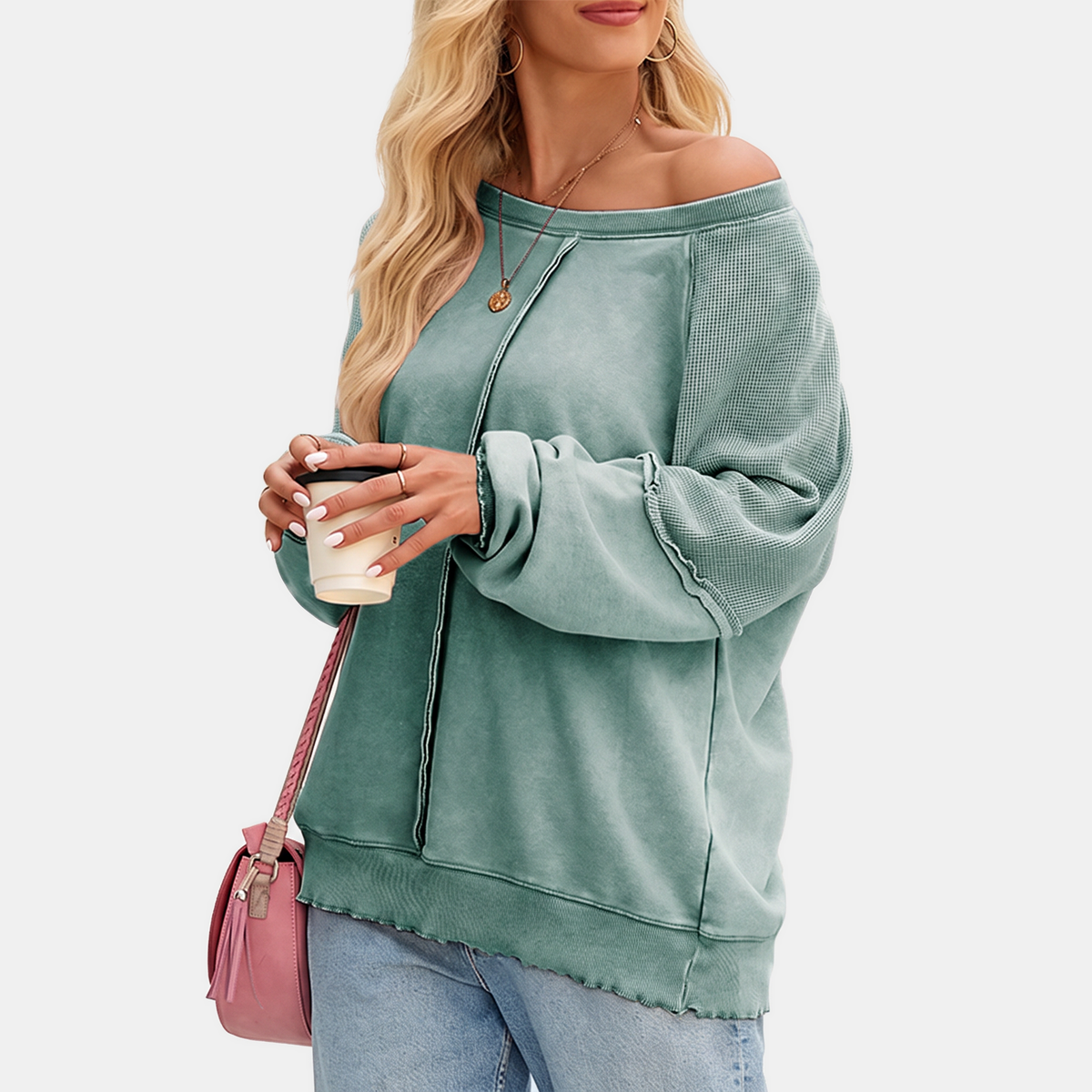 Women's Oversized Waffle Knit Sweater with Lettuce Hem