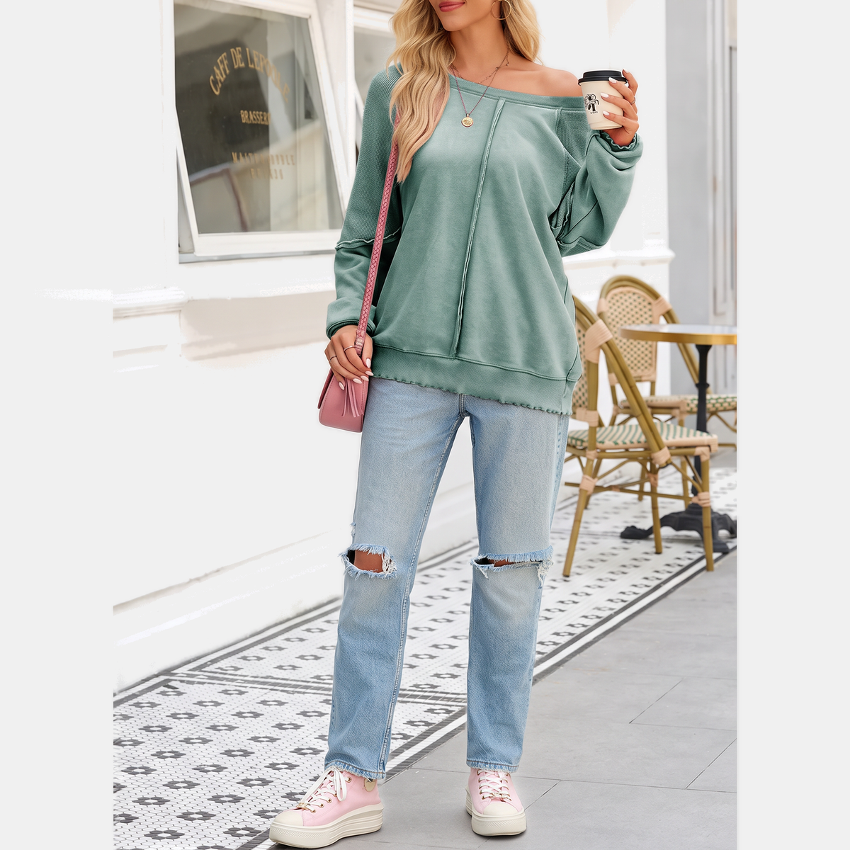 Women's Oversized Waffle Knit Sweater with Lettuce Hem