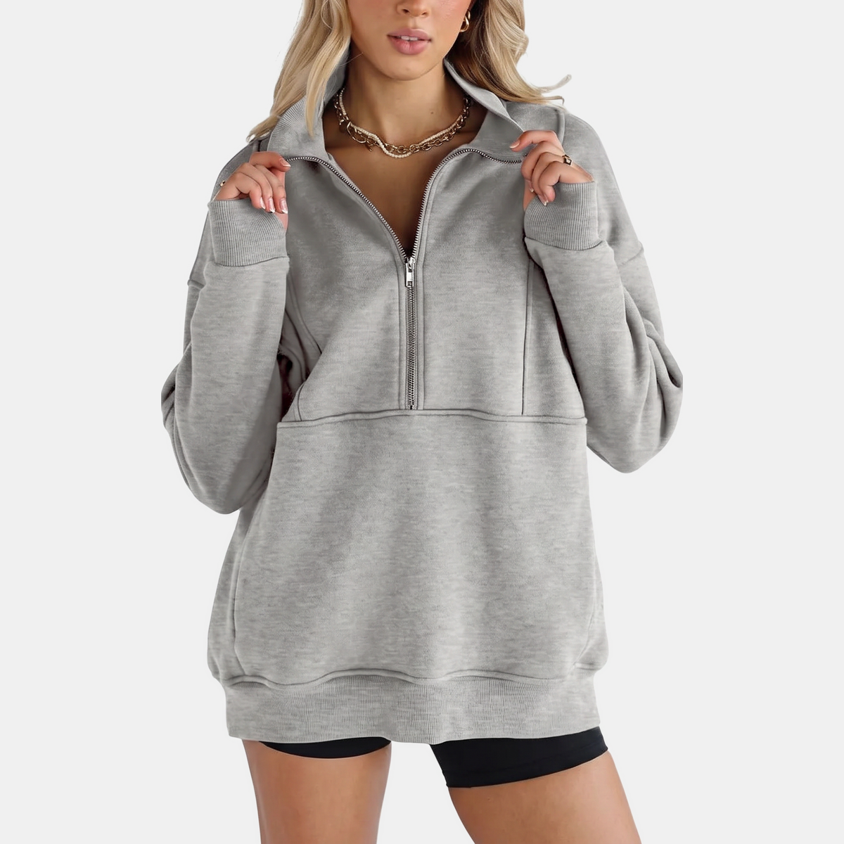 Women's Oversized Half Zip Fleece Sweatshirt with Ribbed Elbow Panels