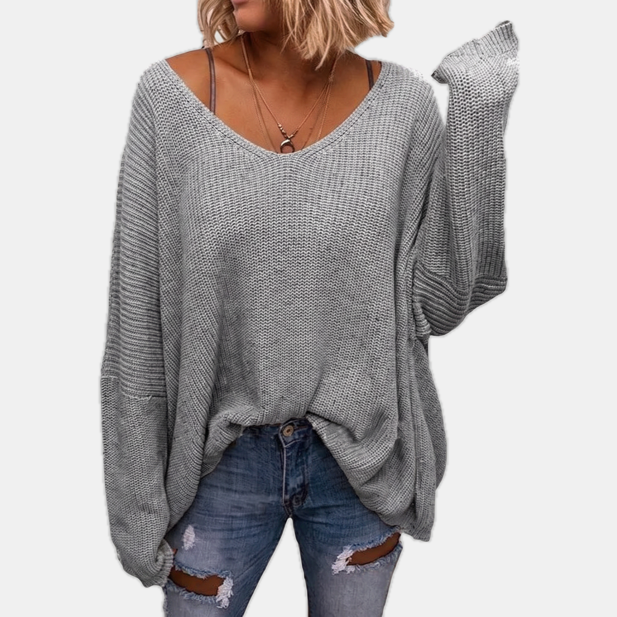 Women's Oversized V-Neck Batwing Sleeve Chunky Ribbed Knit Sweater