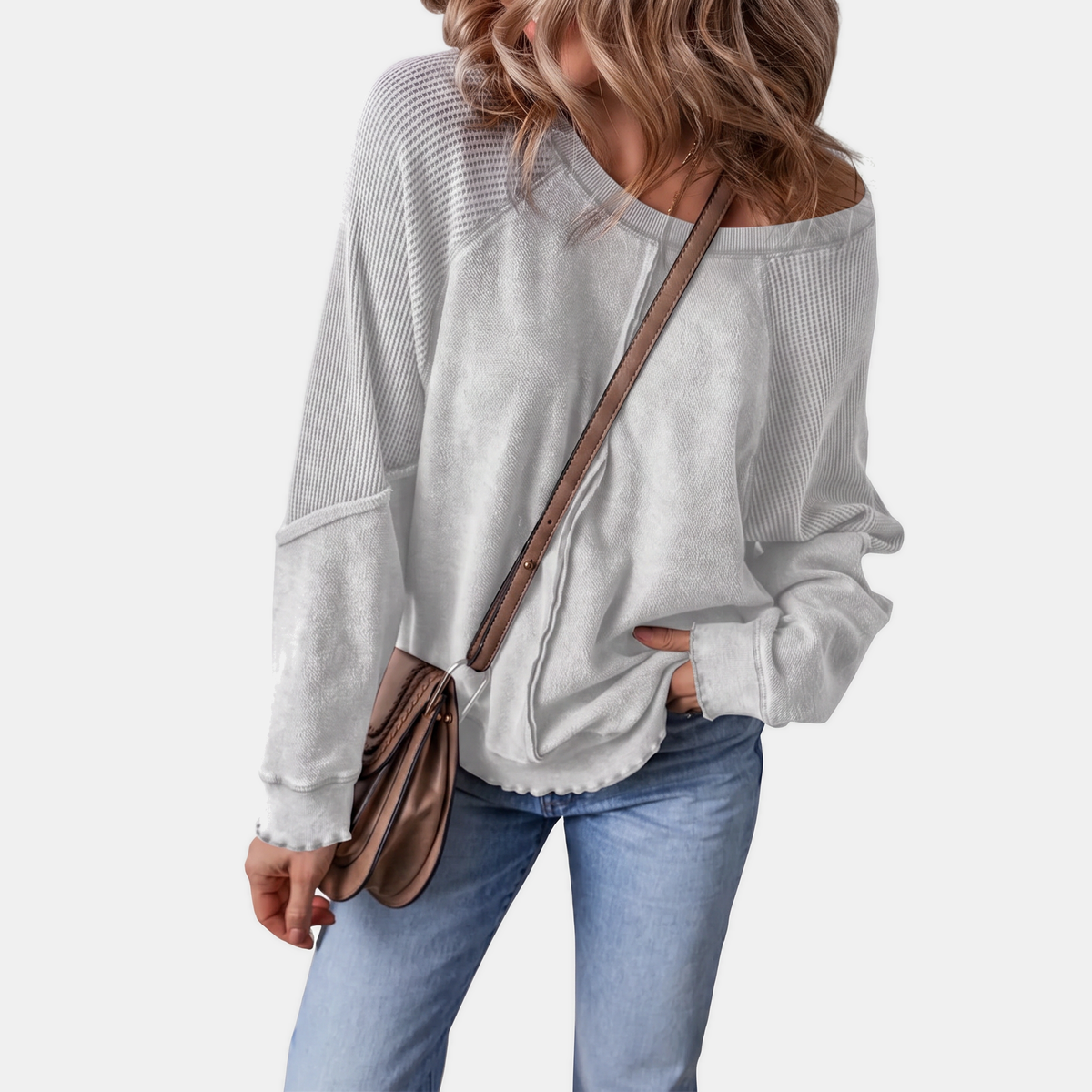 Women's Oversized Waffle Knit Sweater with Lettuce Hem