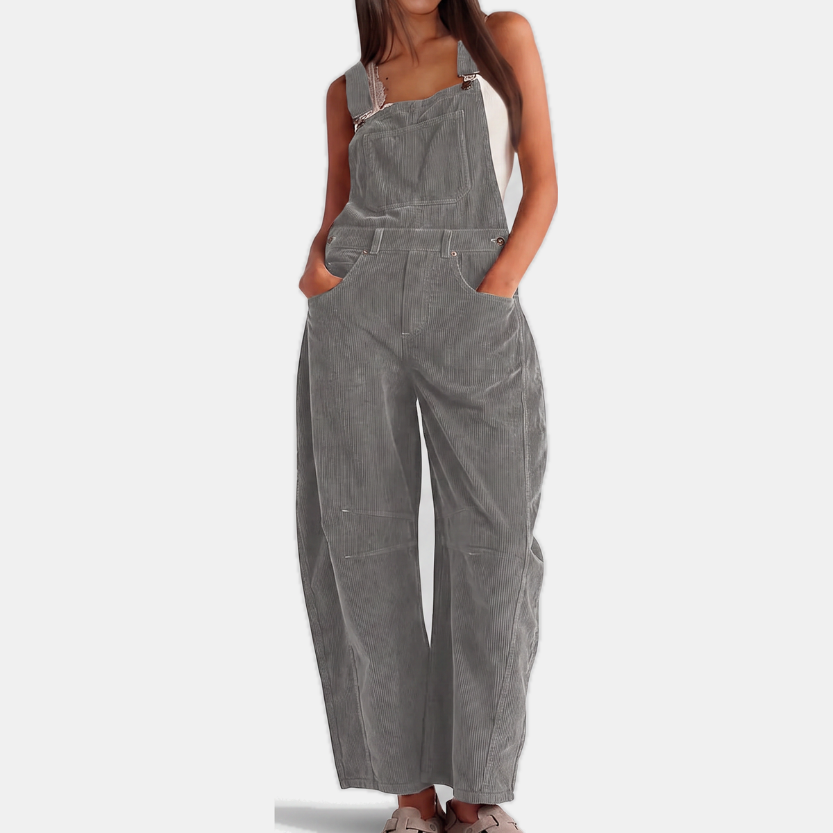 Women's Corduroy Wide Leg Bib Overalls with Buckle Straps