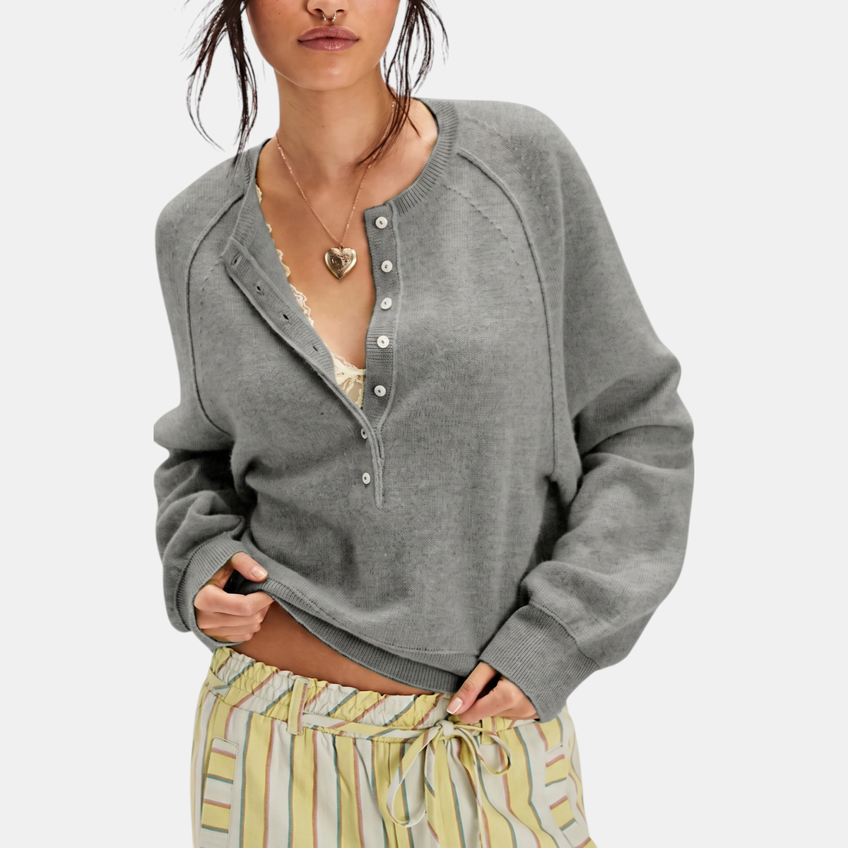 Women's Cropped Henley Button Placket Knit Sweater