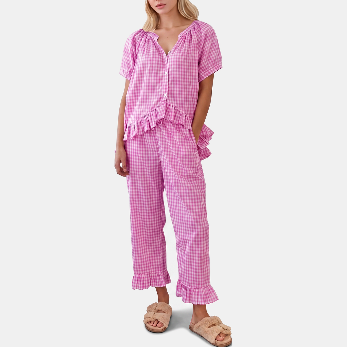 Women's Ruffle Trim Pajama Sets Short Sleeve Button Front Two Piece