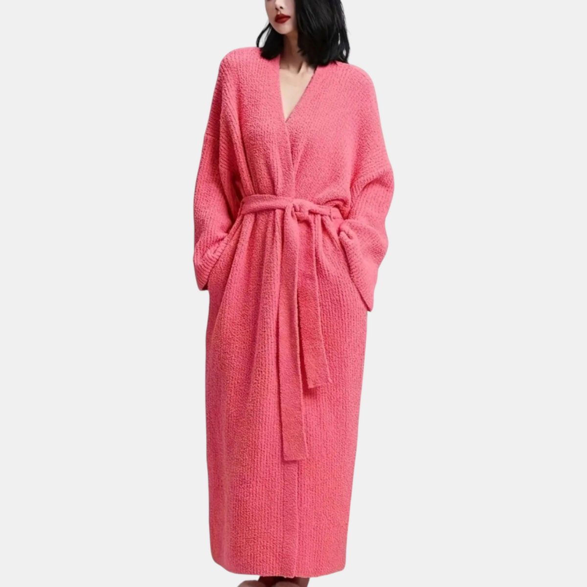 Women's Ribbed Knit Wrap Robe with Self Tie Belt Maxi