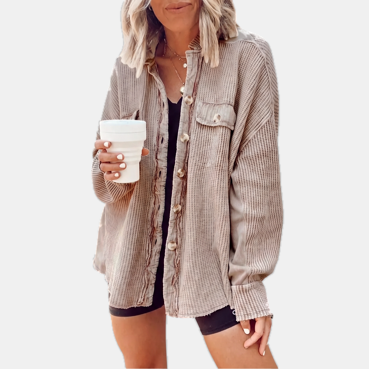 Women's Waffle Knit Raw Hem Button Front Oversized Shacket