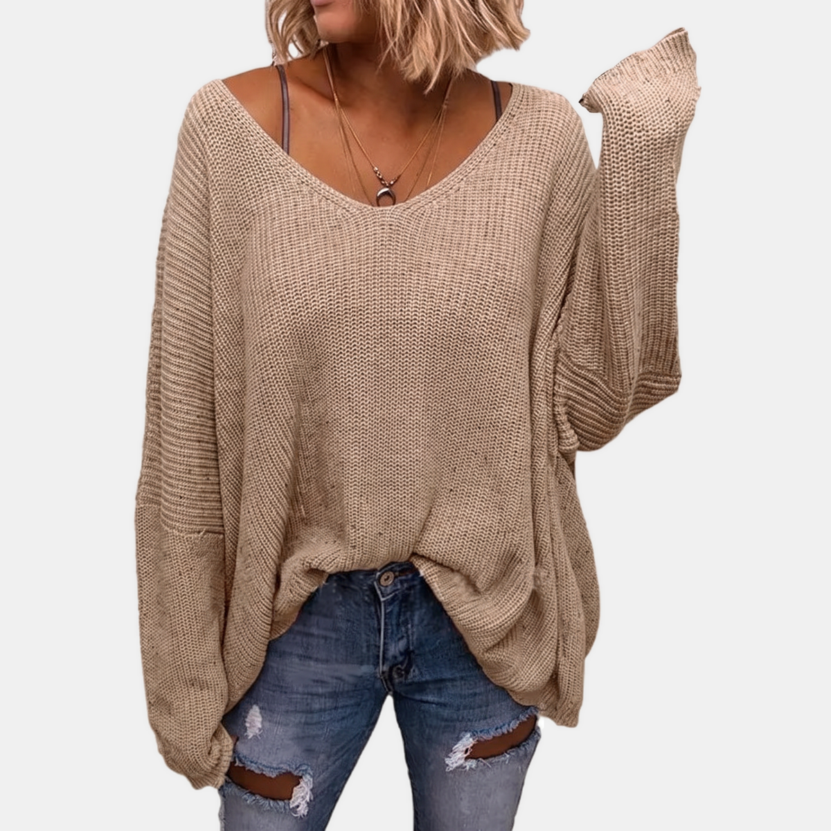 Women's Oversized V-Neck Batwing Sleeve Chunky Ribbed Knit Sweater