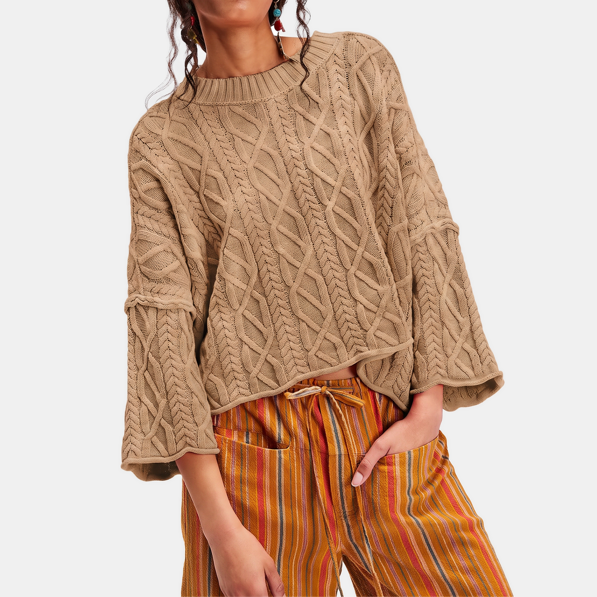 Women's Cable Knit Cropped Sweater Bell Sleeve Pullover