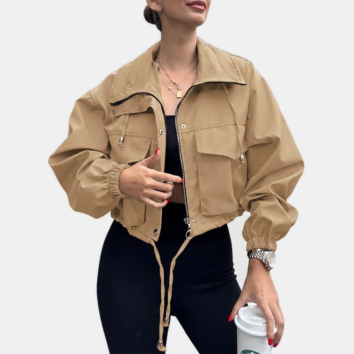 Women's Cropped Zip Up Windbreaker Cargo Jacket