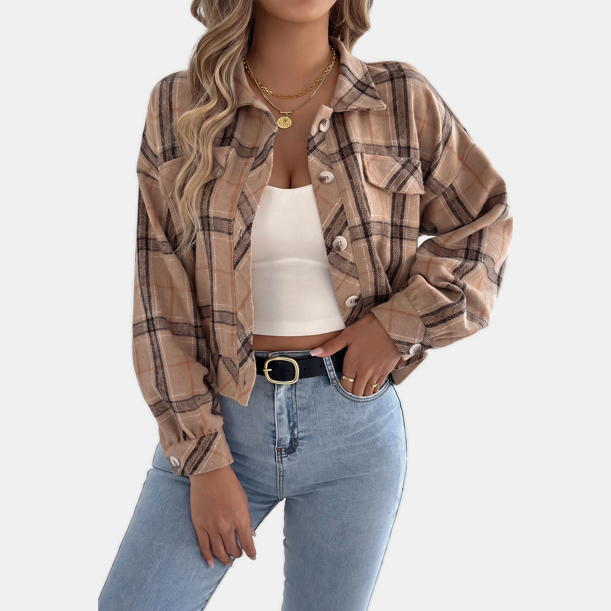 Women's Button Front Cropped Plaid Flannel Shacket