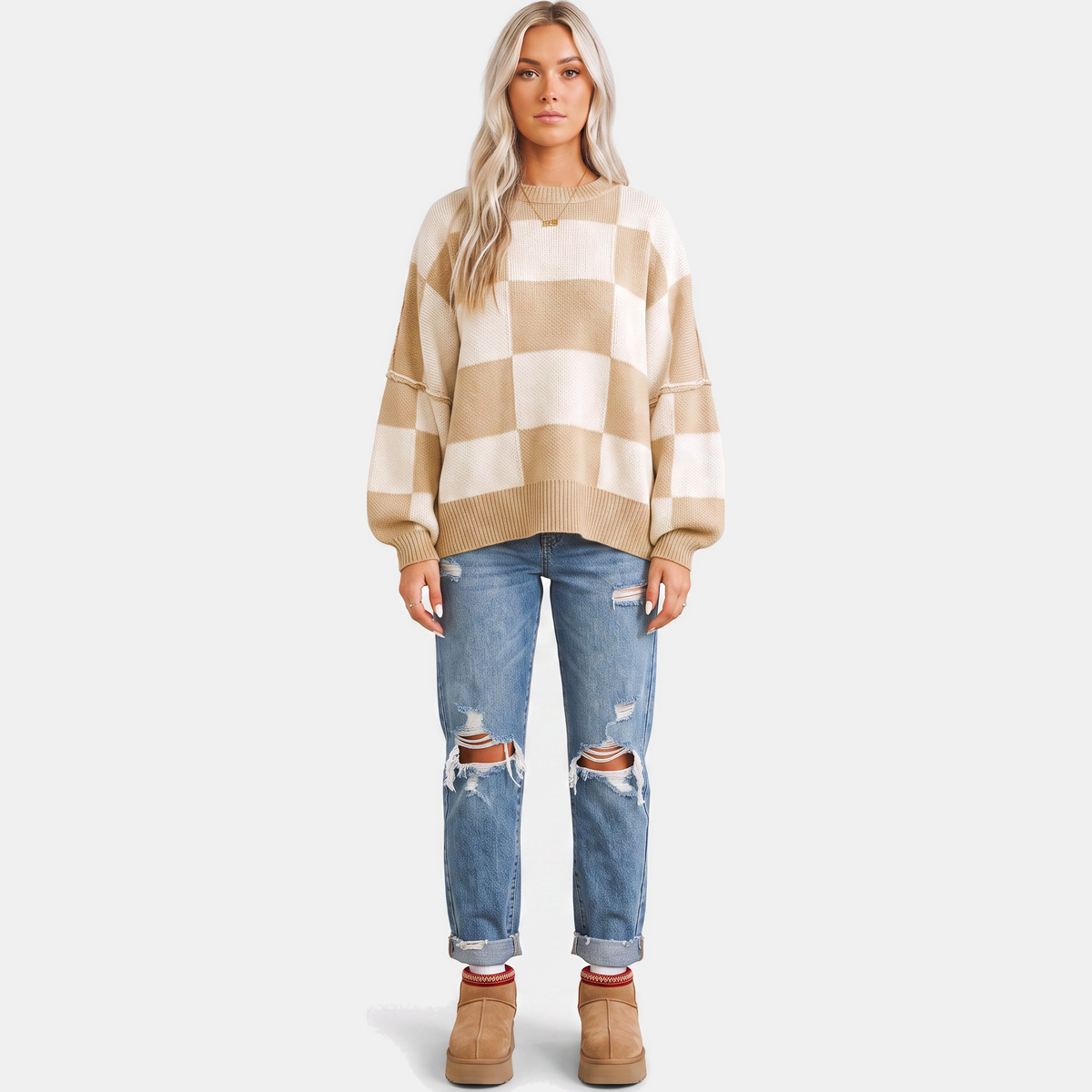 Women's Oversized Balloon Sleeve Checkered Knit Sweater