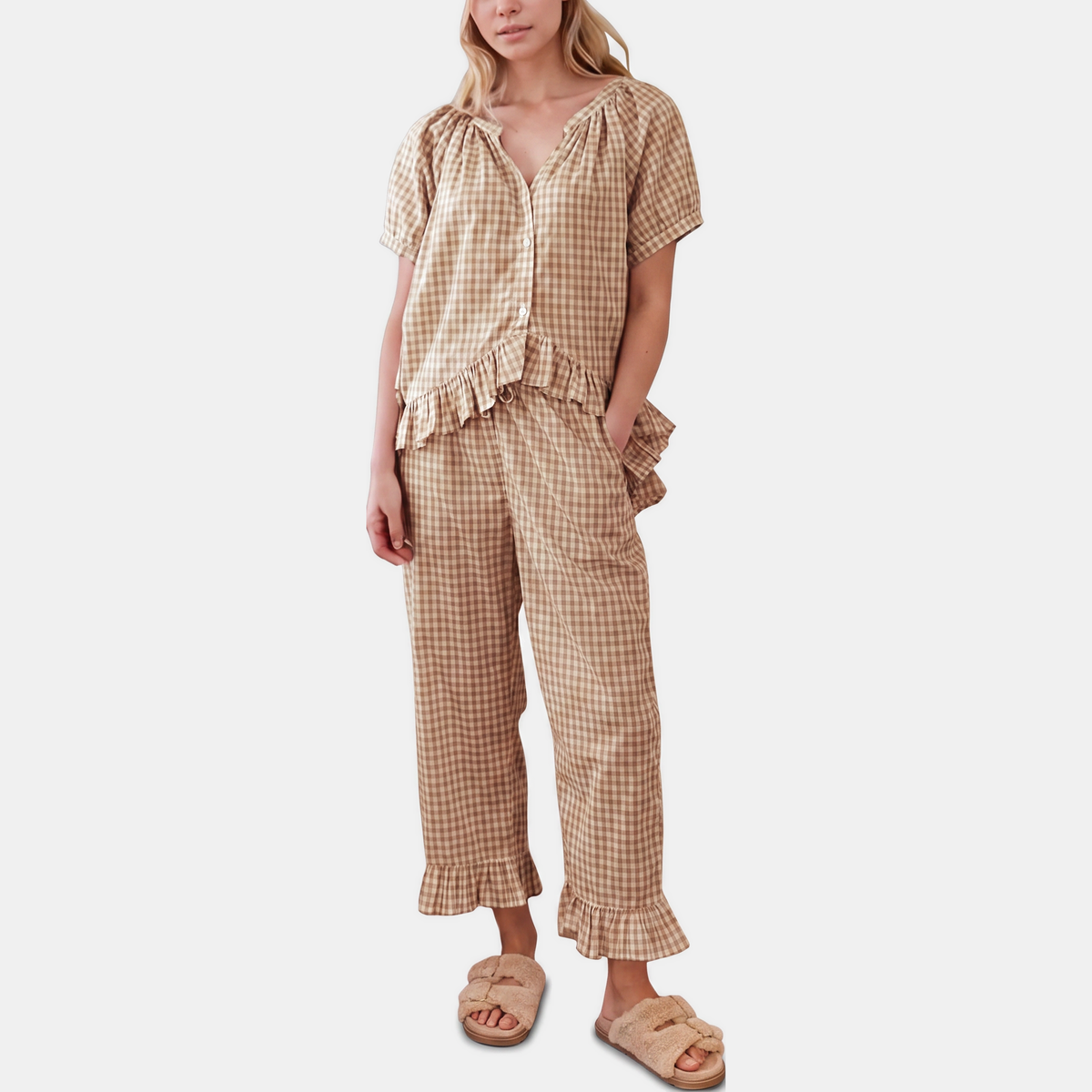 Women's Ruffle Trim Pajama Sets Short Sleeve Button Front Two Piece