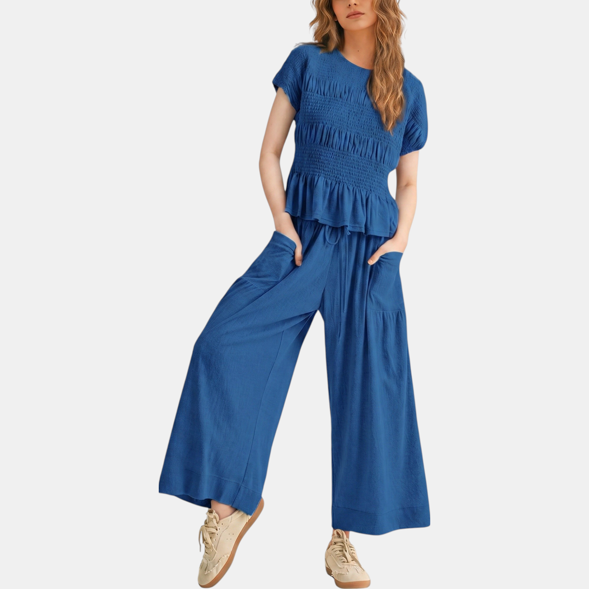 Women's Smocked Peplum Top and Wide Leg Lounge Set