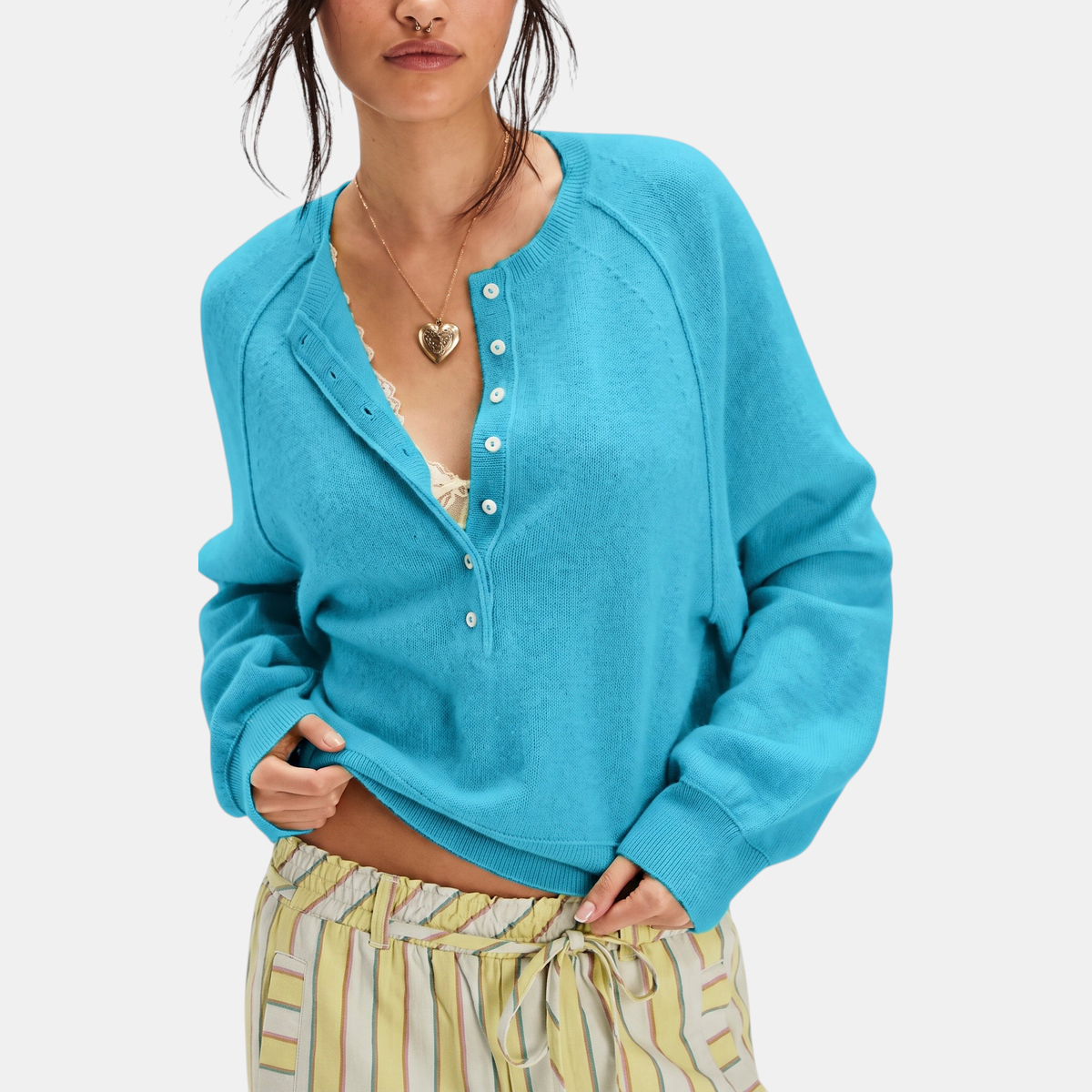 Women's Cropped Henley Button Placket Knit Sweater