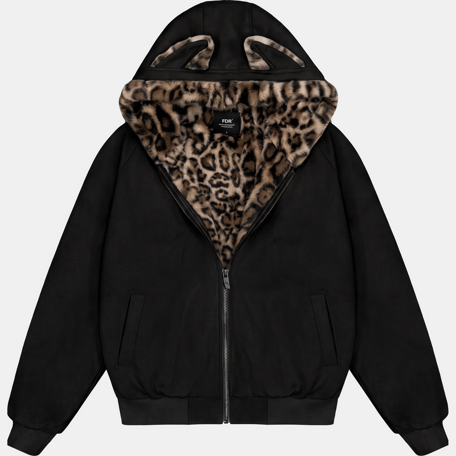 Women's Faux Fur Lined Hooded Bomber Jacket with Cat Ear Hood