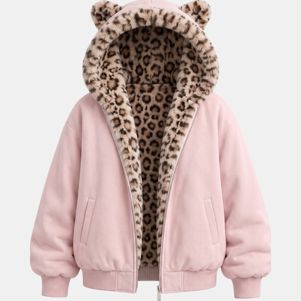 Women's Faux Fur Lined Hooded Bomber Jacket with Cat Ear Hood