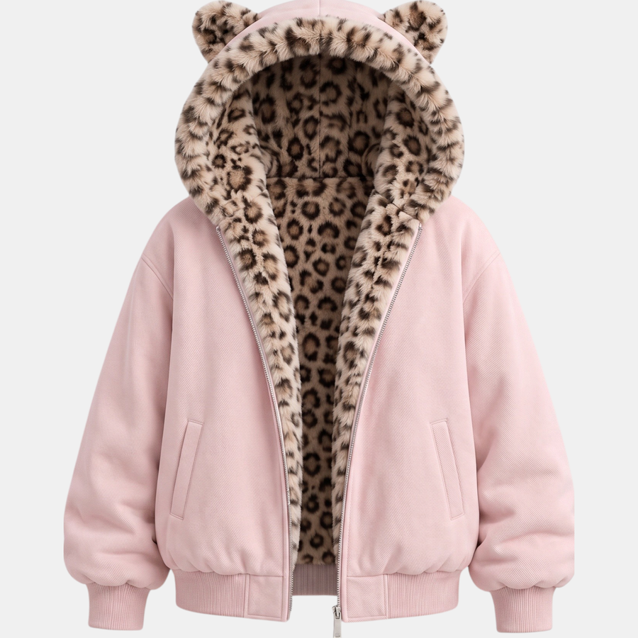 Women's Faux Fur Lined Hooded Bomber Jacket with Cat Ear Hood