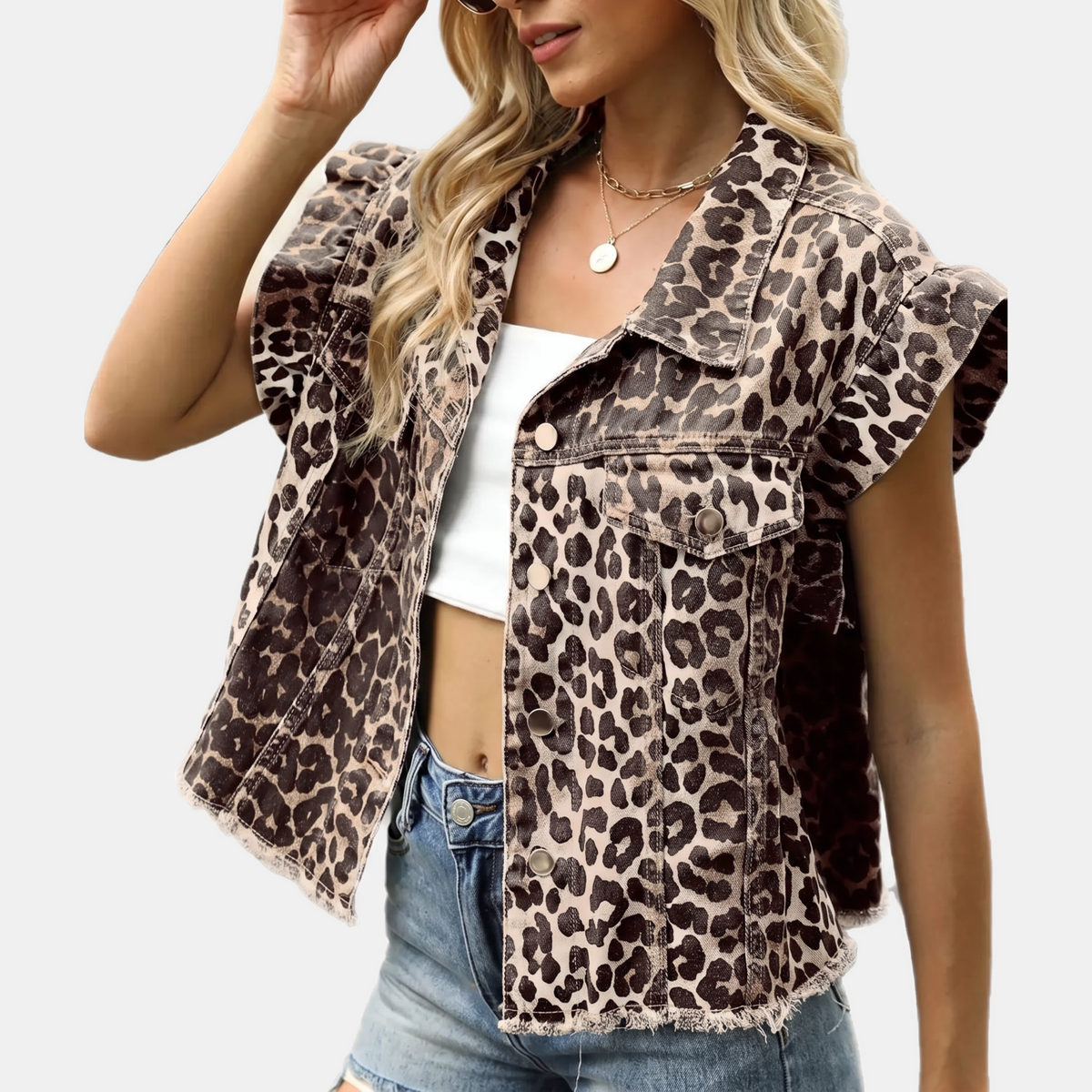 Women's Ruffle Trim Cropped Denim Vest