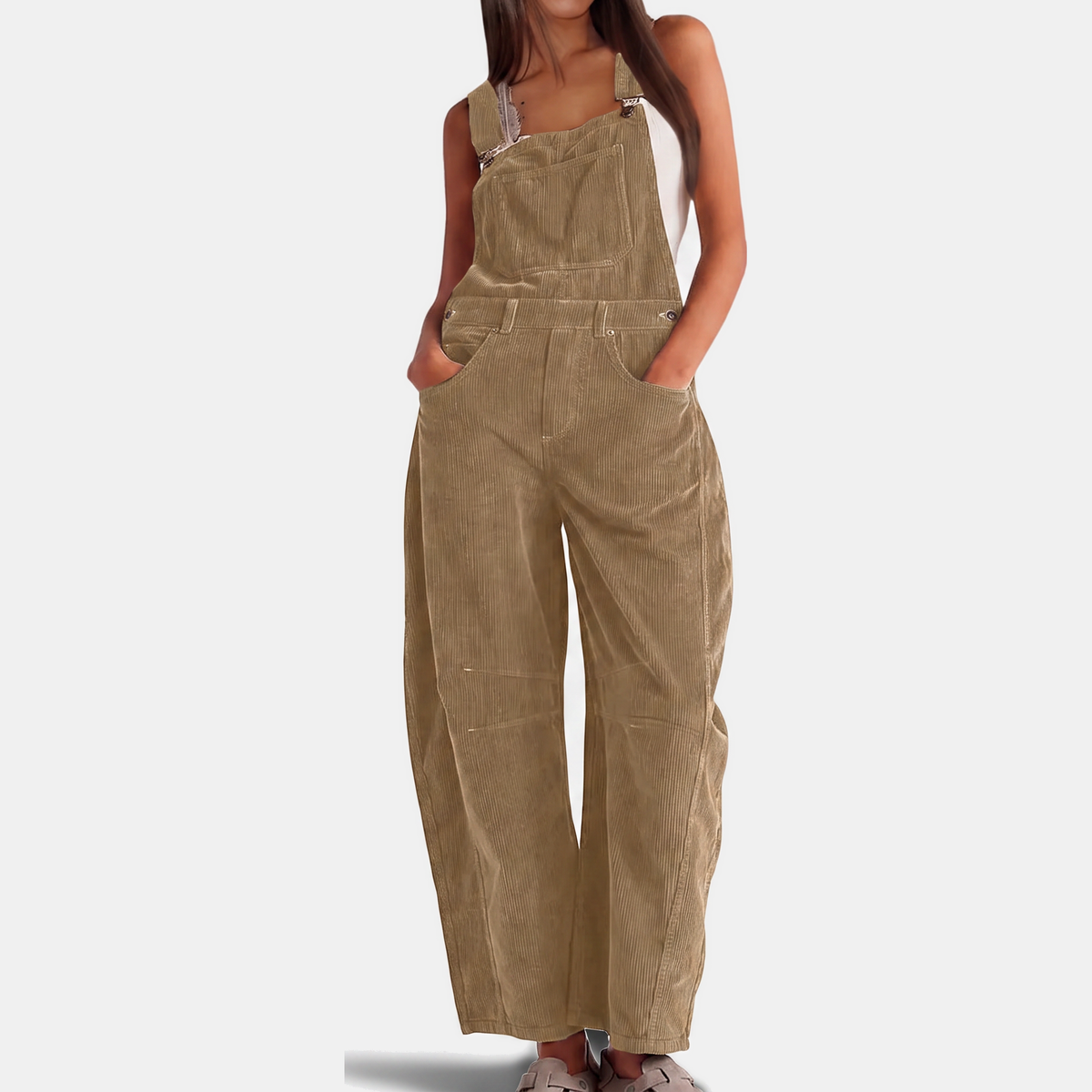 Women's Corduroy Wide Leg Bib Overalls with Buckle Straps