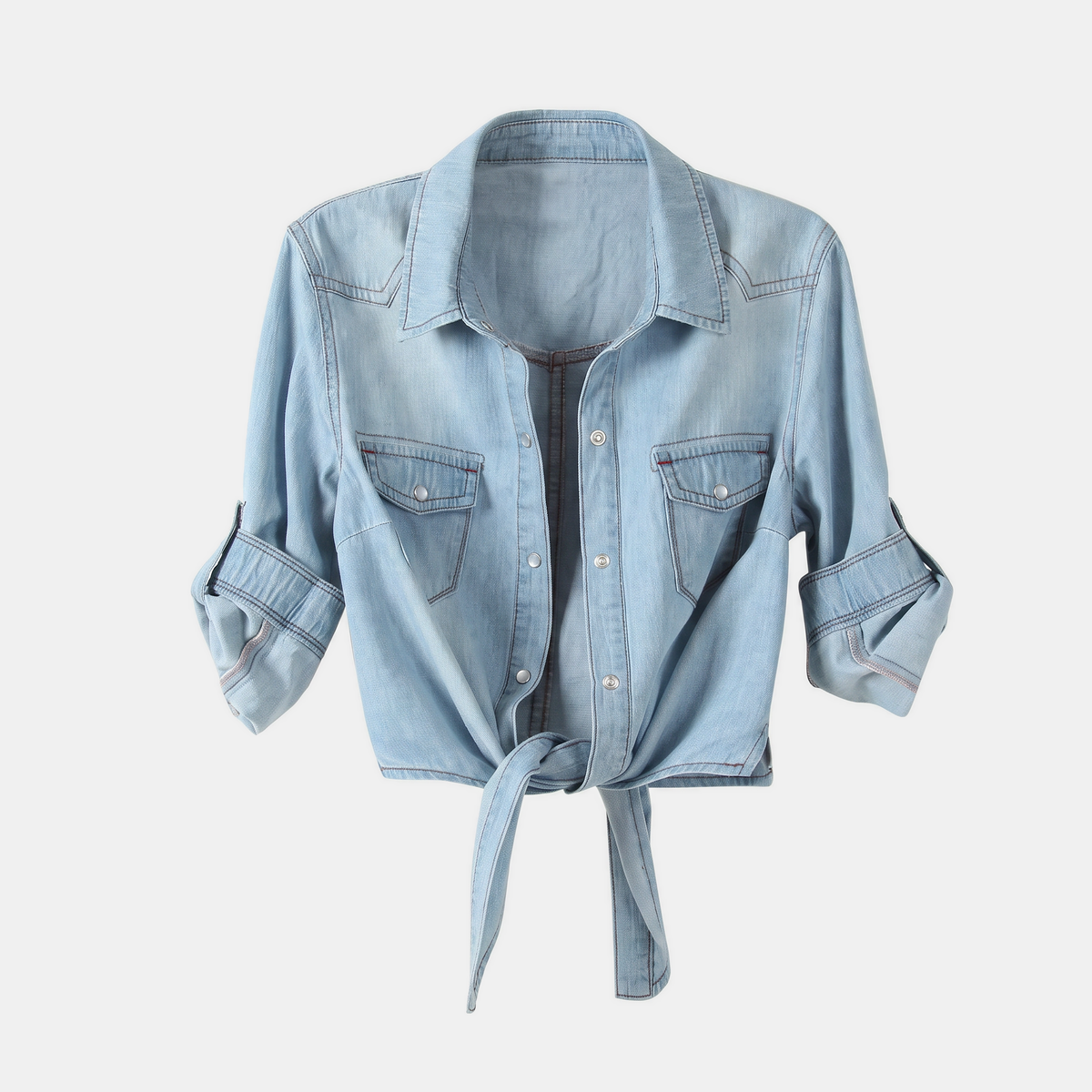 Women's Tie Knot Crop Denim Shirt with Western Snap Button Front