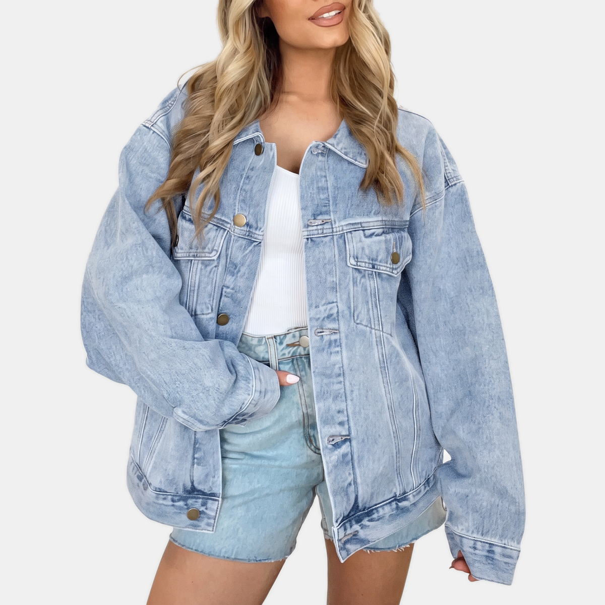 Women's Oversized Acid Wash Denim Jacket with Snap Buttons