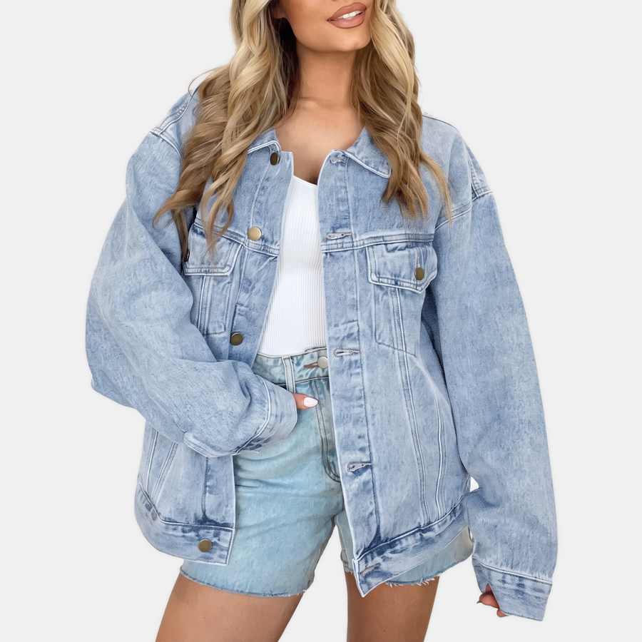 Women's Oversized Acid Wash Denim Jacket with Snap Buttons